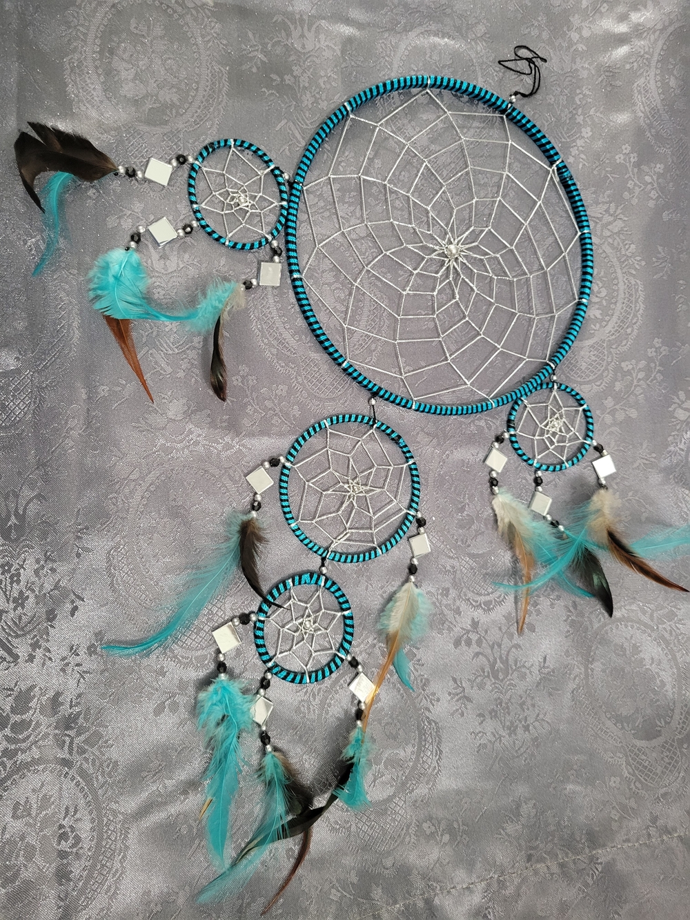 Teal Dreamcatcher with feathers and mirror accents
